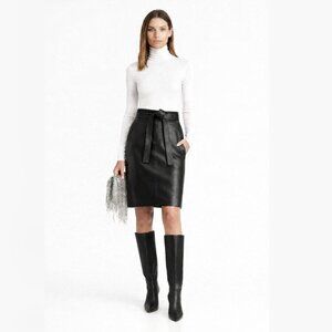 A.L.C Black 100% Genuine Lamb Leather Belted Knee Length Pencil Skirt